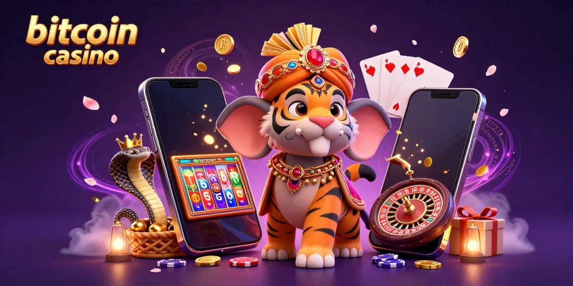 Experience the thrill of a bitcoin casino with an illustrated scene of vibrant game elements and characters.