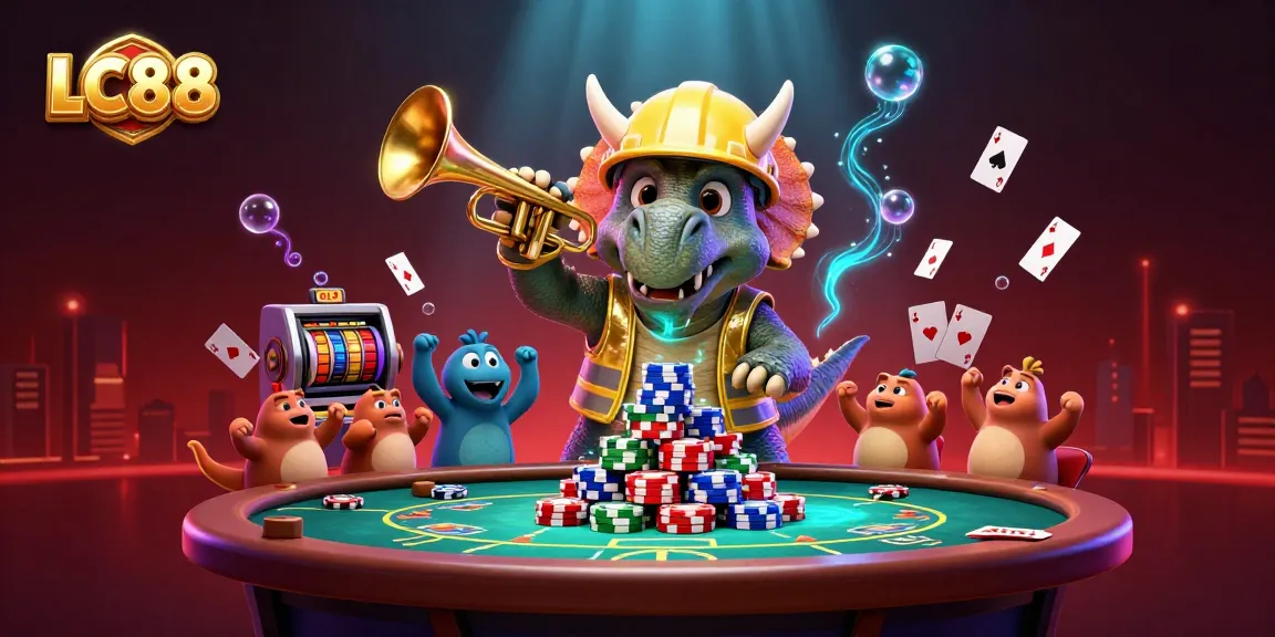 Engage with excitement at LC88, where a triceratops builds poker chip pyramids in a vibrant casino scene.