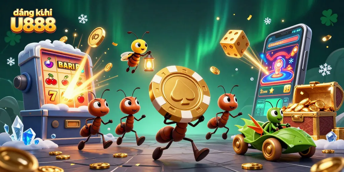 Join the adventure of đăng ký U888 with ants stealing a golden poker chip amidst dazzling casino elements.
