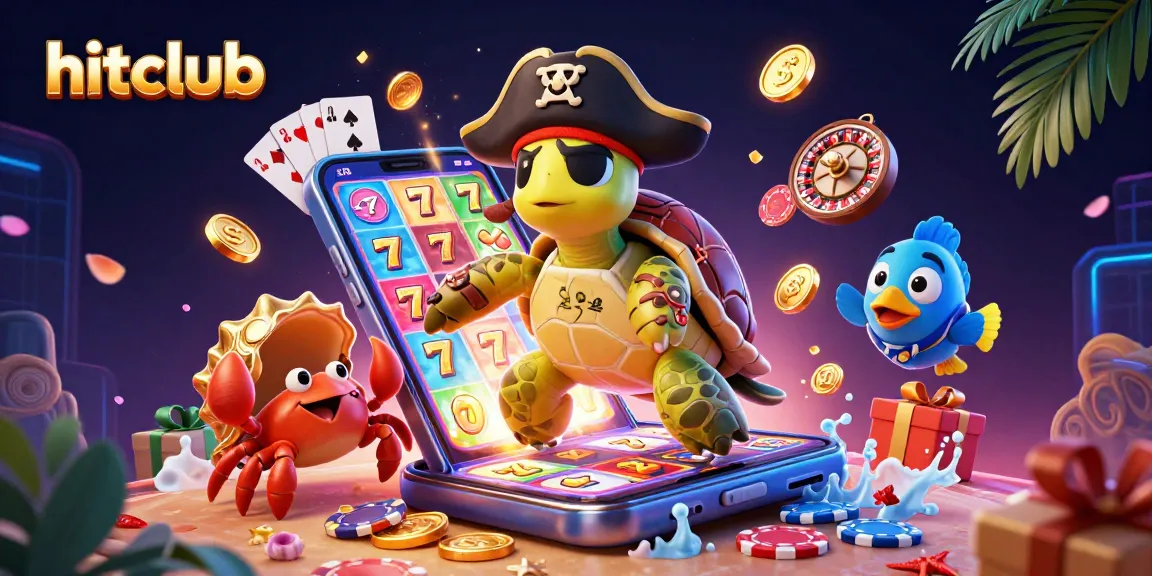 Spin the reels with hitclub in this vibrant casino-themed illustration featuring a pirate turtle.