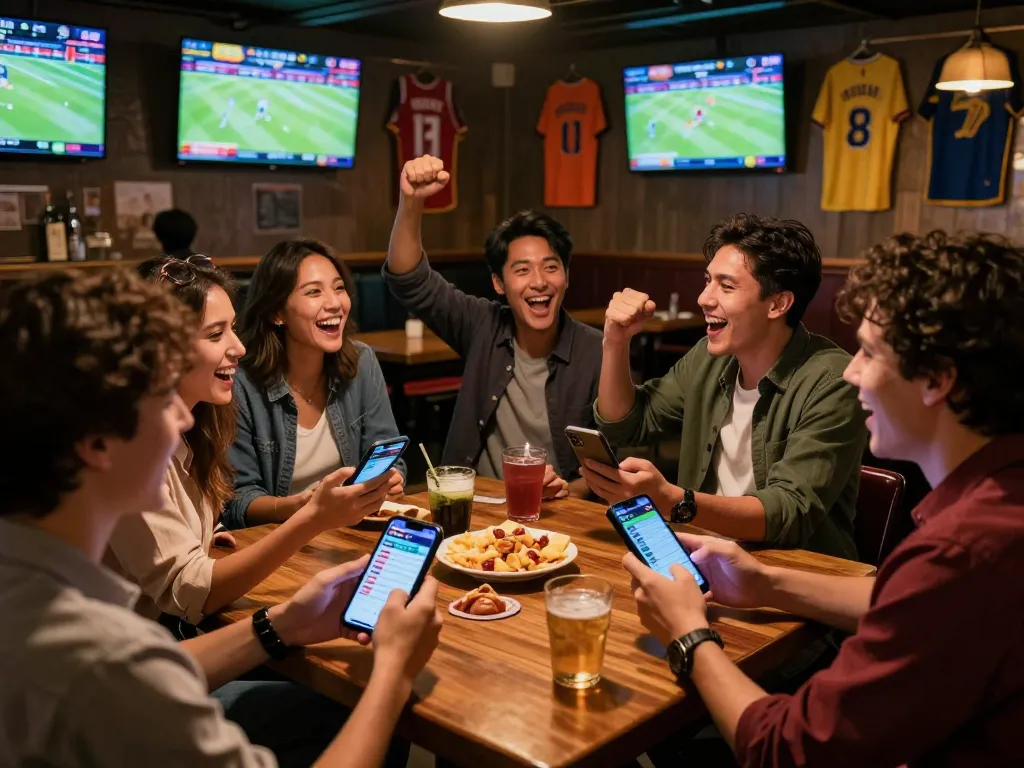 Patrons placing bets on mobile devices while celebrating wins at a lively sports bar with link fly88.
