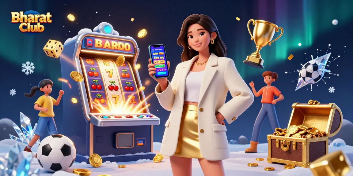 Bharat Club features an engaging scene with dynamic casino elements and rewards showcasing a beautiful Asian woman holding a mobile app.