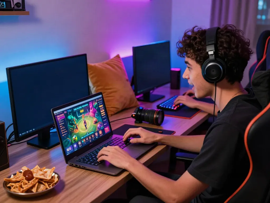 Engaging gaming scene with akunjp on a laptop and colorful graphics, inviting atmosphere.