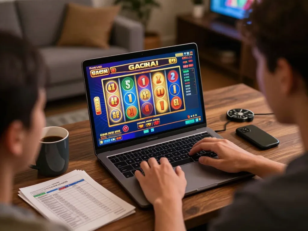 Engaging gameplay at a slot gacor hari ini online casino with vibrant reels spinning on laptop.