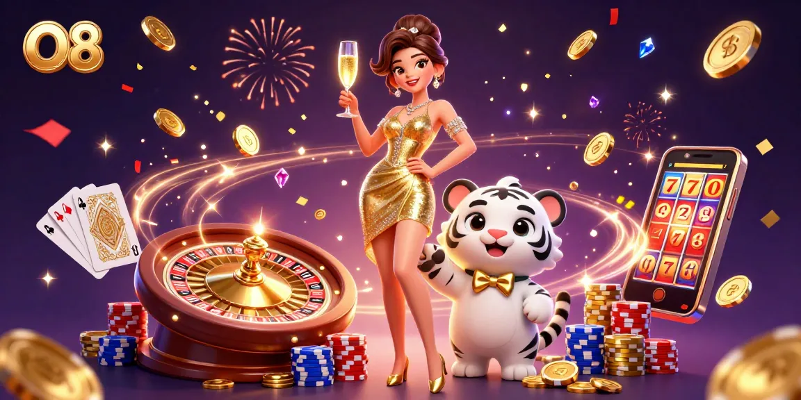 Experience O8's thrilling casino atmosphere with a glamorous woman and a lucky tiger amidst poker chips and coins.
