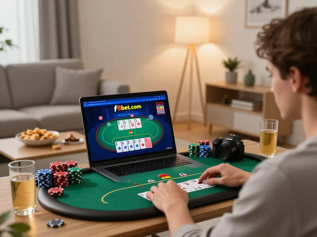 Engaged player enjoying a poker game on f8bet.com, highlighting home gaming atmosphere and interactive experience