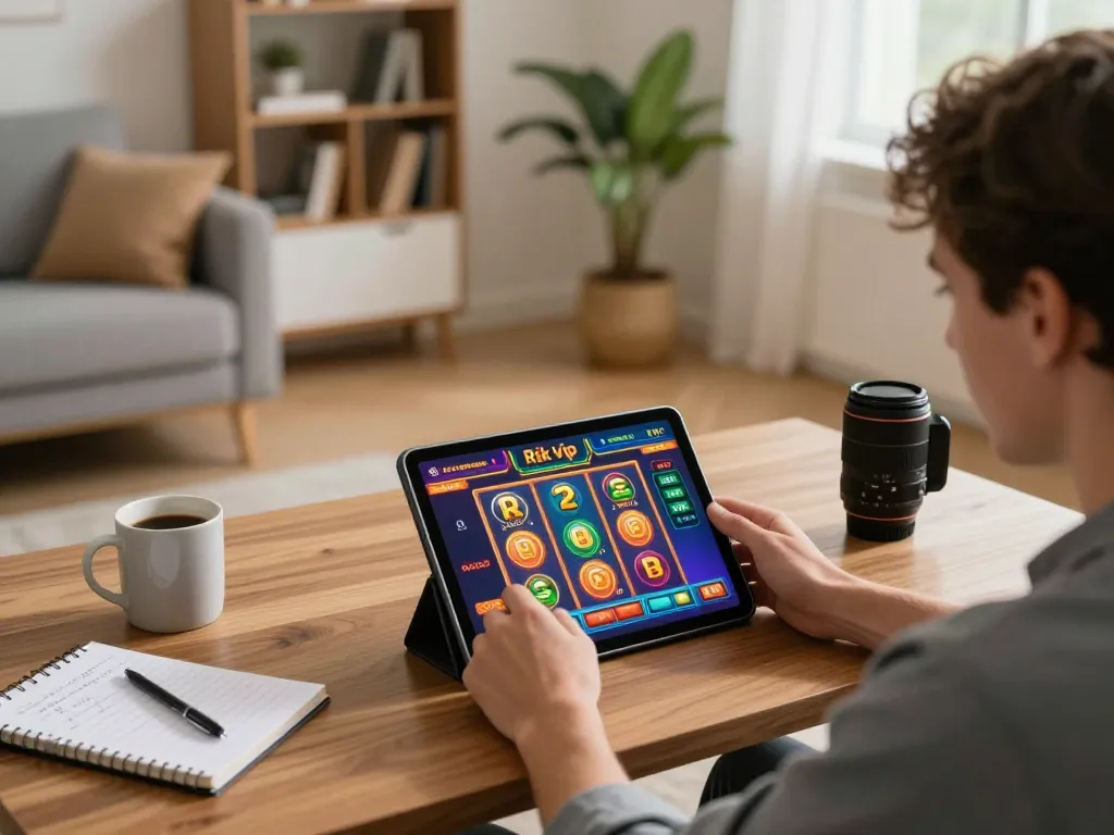 Engaging player enjoying Rik vip slot games on a tablet at home, capturing a cozy gaming atmosphere.