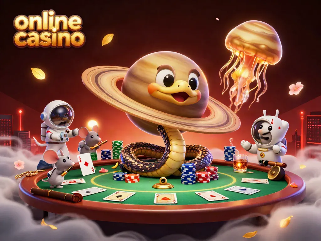 Experience the thrill of the online casino with cartoon characters engaged in cosmic betting and gaming.
