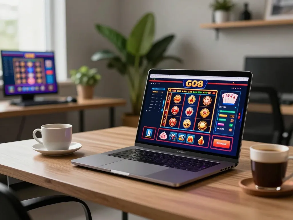 Engaging in online casino gameplay at GO8 with a sleek laptop and inviting atmosphere.
