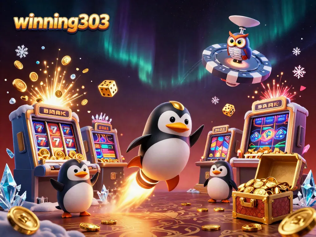 Winning303 brings excitement with a penguin rocket blasting towards a jackpot casino station, surrounded by vibrant gaming elements.