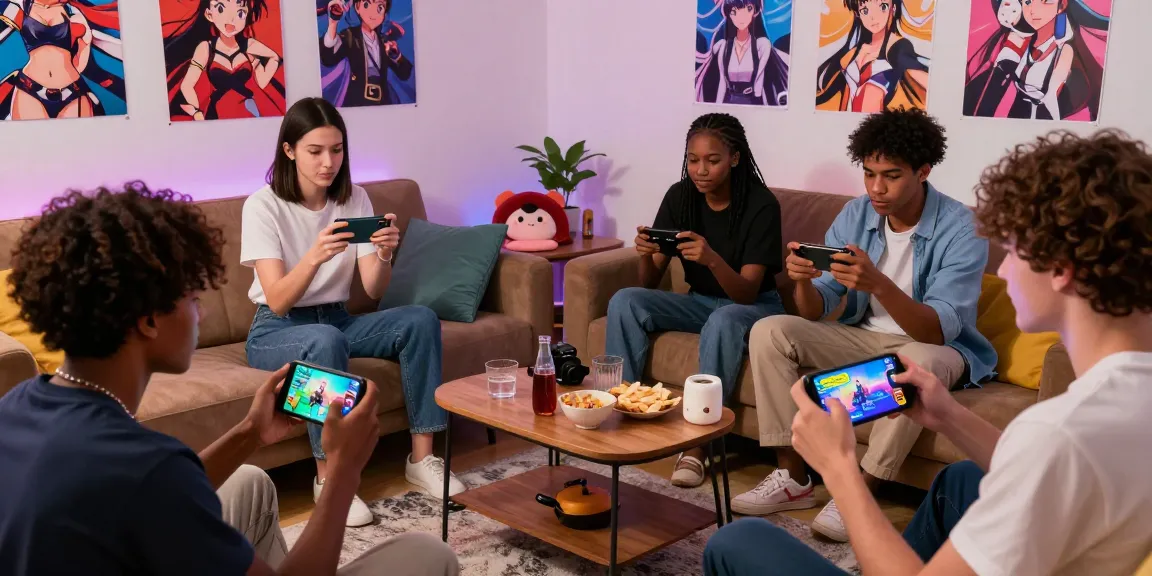 Friends enjoying mobile hentai games in a cozy living room with colorful decor.