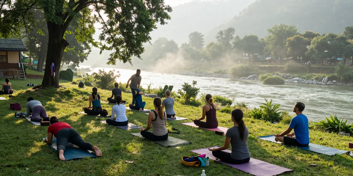 Yoga teacher training in Rishikesh outdoor class with diverse students practicing asanas in serene Himalayan setting