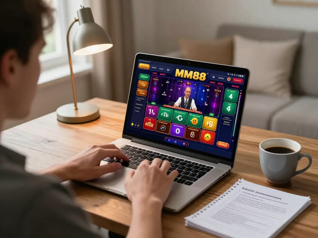 Playing on MM88 link for online casino gaming, showcasing a cozy home environment with laptop and bankroll notes.