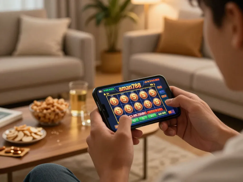 Bermain aman788 slot gacor di smartphone sambil bersantai di ruang tamu yang nyaman.