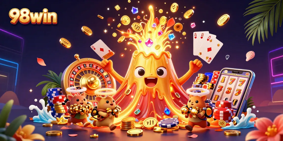 Experience the thrill of 98win with a grand eruption of coins, gems, and vibrant casino elements.
