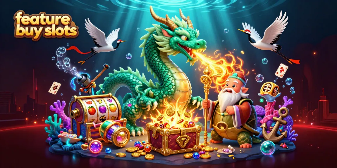 Experience the excitement of feature buy slots with dragons and treasures in this vibrant casino scene.
