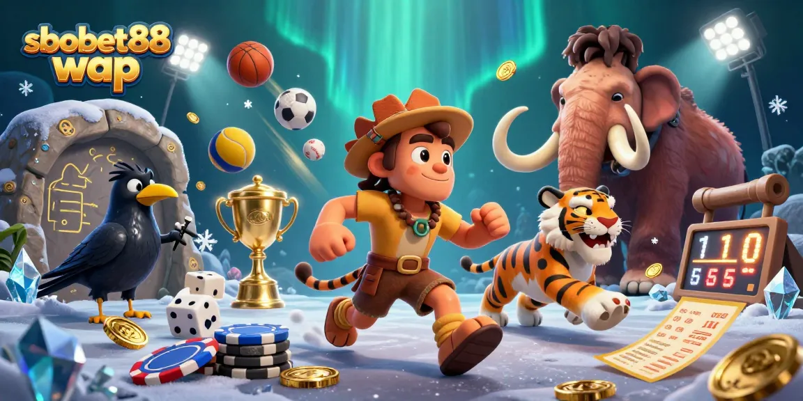 Engage in sbobet88 wap betting with dynamic 3D casino scene featuring sports elements and vibrant action.