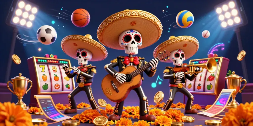 Ilustrasi 3D menggambarkan slot gacor hari ini dengan band mariachi kerangka, simbol slot, dan koin emas.