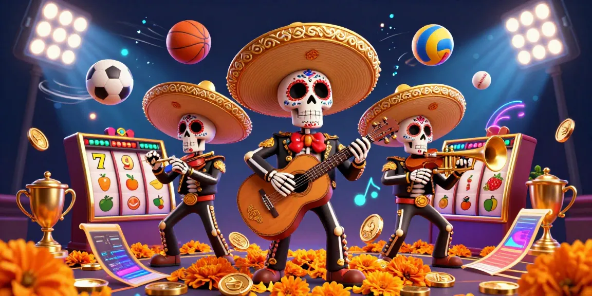 Ilustrasi 3D menggambarkan slot gacor hari ini dengan band mariachi kerangka, simbol slot, dan koin emas.