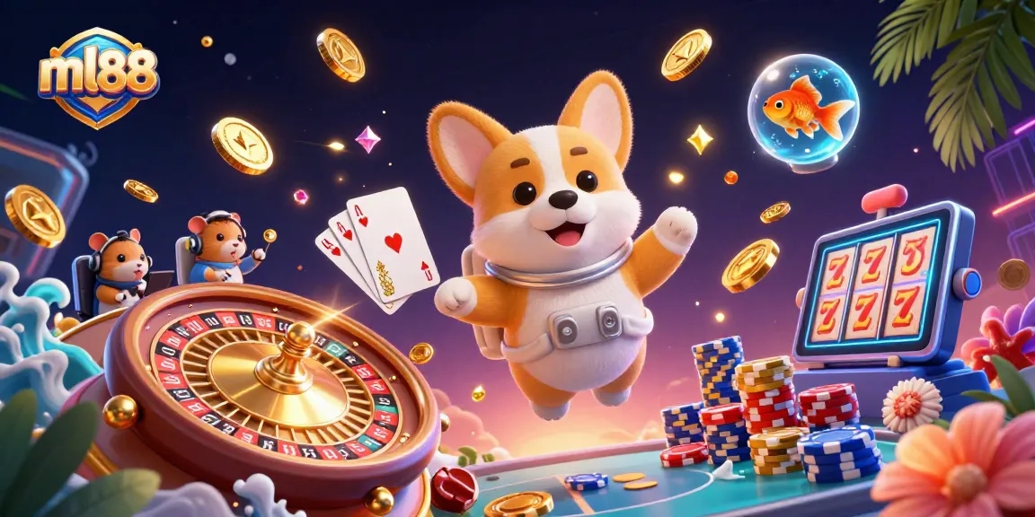 Experience ml88 with a fun space scene featuring gaming elements and characters in a vibrant casino.