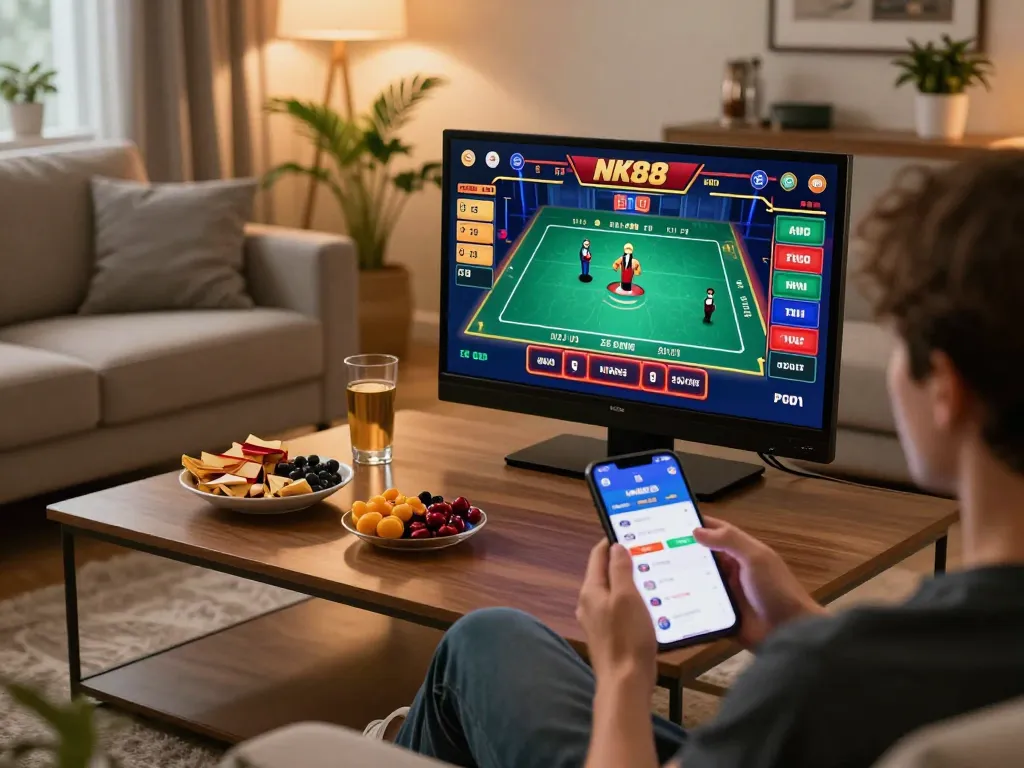Player enjoying NK88 online gaming experience on mobile app in a cozy home setting