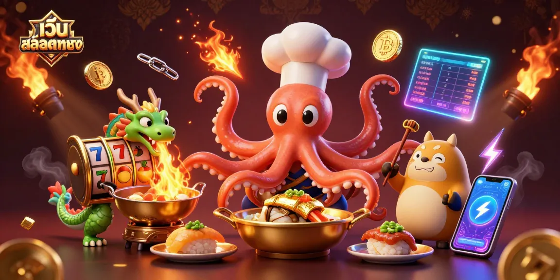 Engage with เว็บสล็อตตรง, featuring an octopus chef and dragon in a vibrant casino scene.