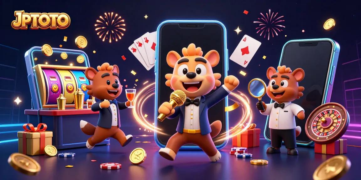 JPTOTO menghibur di kasino dengan pelawak, bartender, dan pengawal dalam ilustrasi 3D yang ceria.