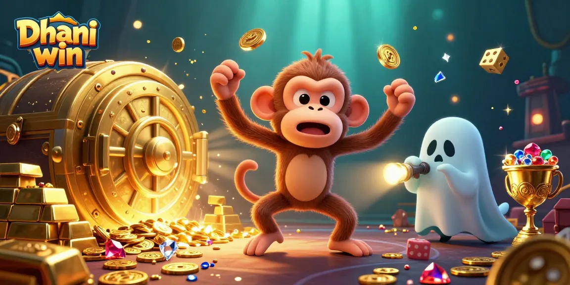 Dhani win: Engaging gaming scene with a mischievous monkey juggling coins and a curious puppy in a vibrant casino