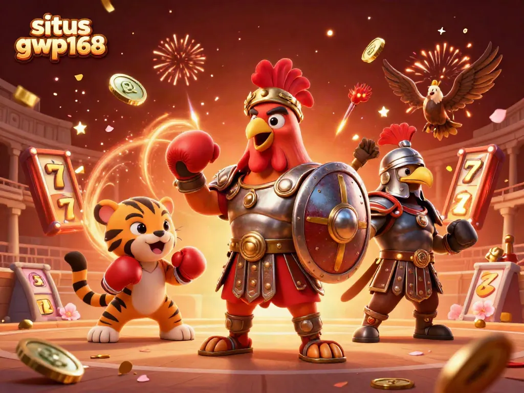 Permainan kecerdikan situs gwp168 dikelilingi elemen kasino dengan simbol slot dan koin jade.