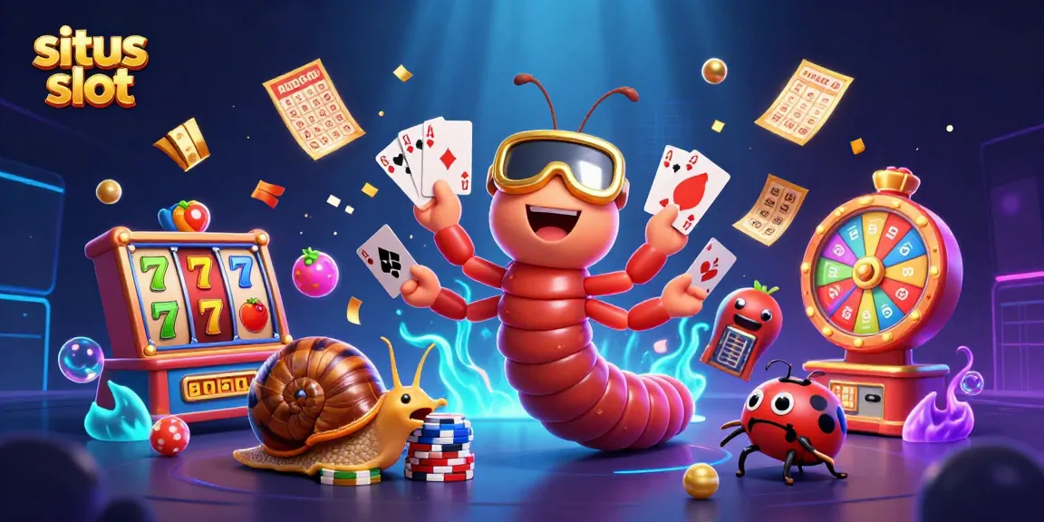 Permainan situs slot menampilkan dealer millipede 3D yang menarik dengan kartu dan chip besar, dikelilingi oleh simbol slot.