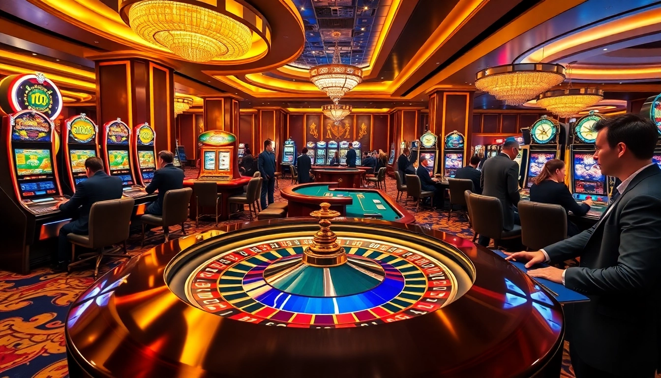 Experience casino excitement at https://fly88.services/ with players at a roulette table and slot machines.