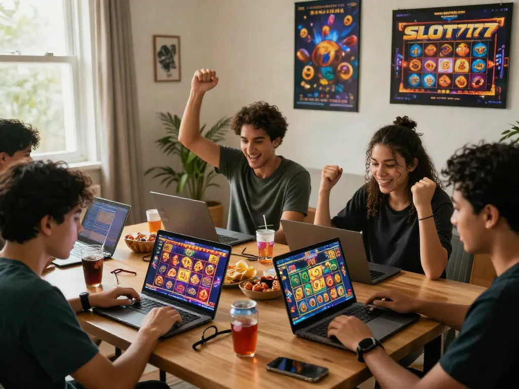 Players enjoying slot resmi games on various devices in a lively home environment, celebrating wins together.