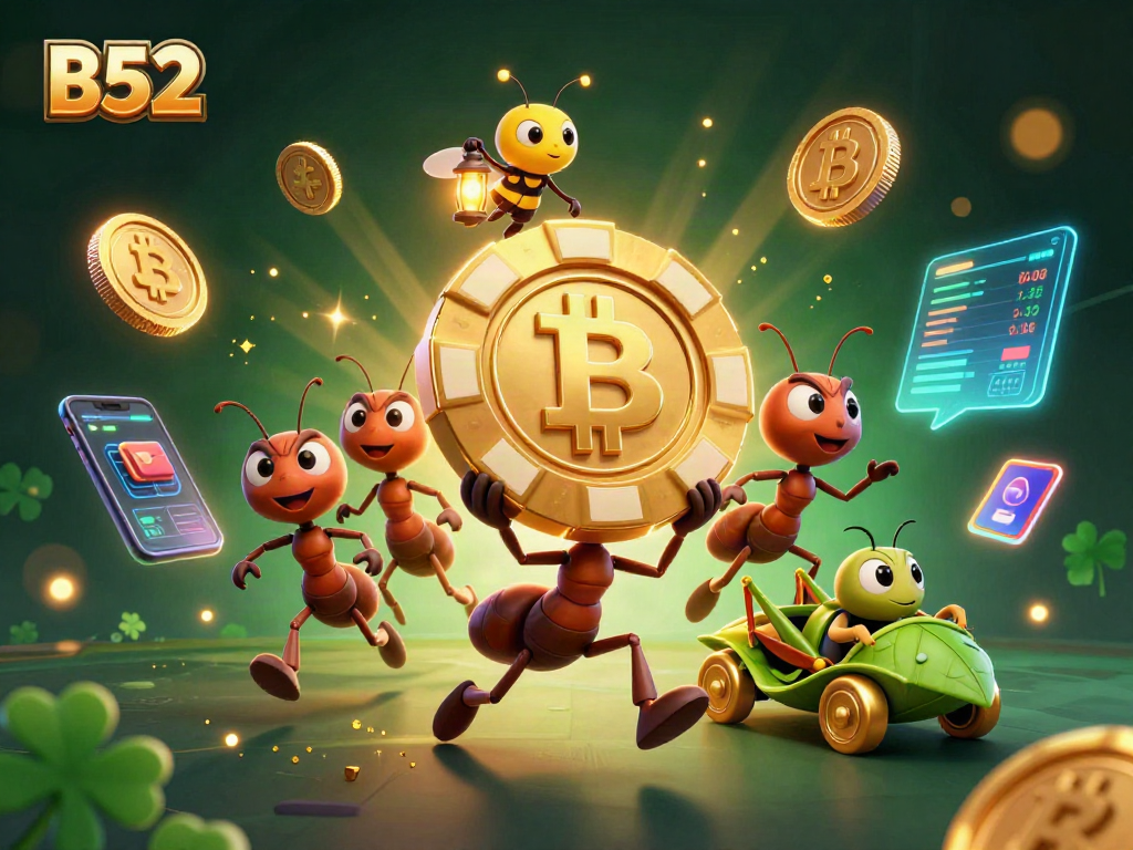 B52 themed scene featuring ants on a heist with a poker chip, enhancing casino excitement.