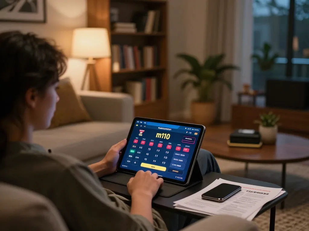 Player engaging with online m110 gambling interface on tablet with strategy notes nearby