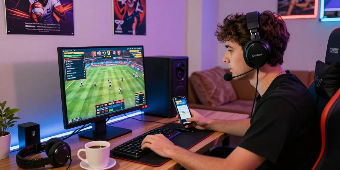 Engaged player in dynamic gaming environment focused on 28bet sports betting display, vibrant atmosphere with gaming accessories and LED lighting.