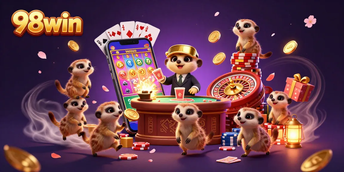 Experience the excitement of 98win as meerkats thrill in a vibrant casino scene.