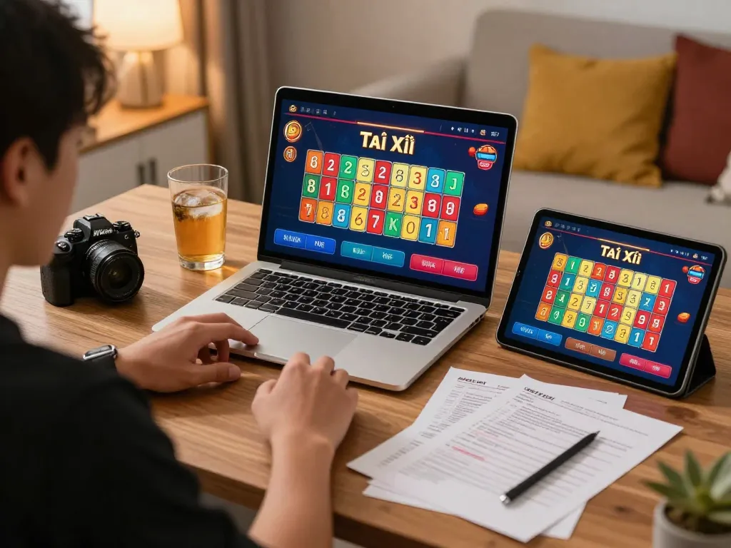 Tài xỉu online gameplay with vibrant graphics on laptop, player engaged in strategic betting.