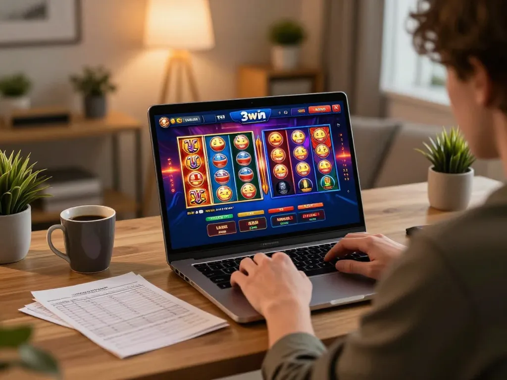 Person engaged in online casino gaming at 3win on a laptop, showcasing responsible gambling practices