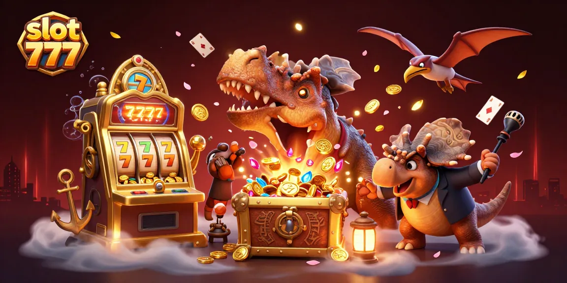 Slot 777: Pachycephalosaurus menang di mesin slot emas dengan koin berterbangan.