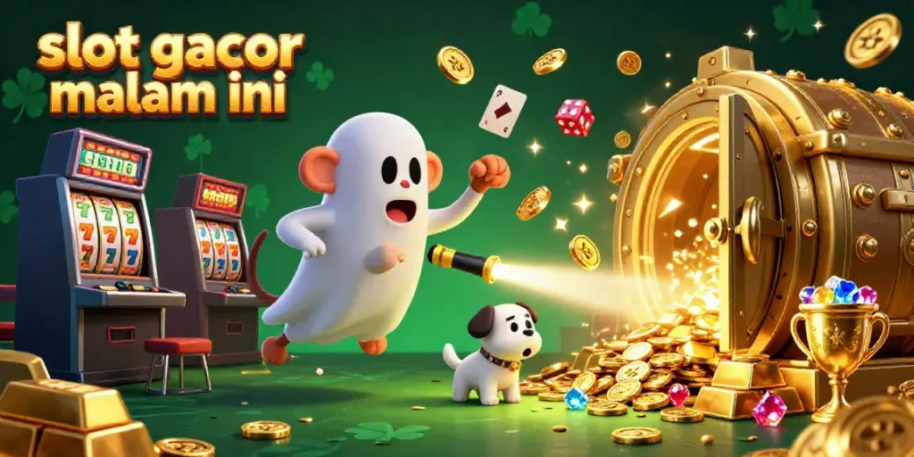 Experience the thrill of slot gacor malam ini as a playful poltergeist monkey juggles golden treasures in a bustling casino.