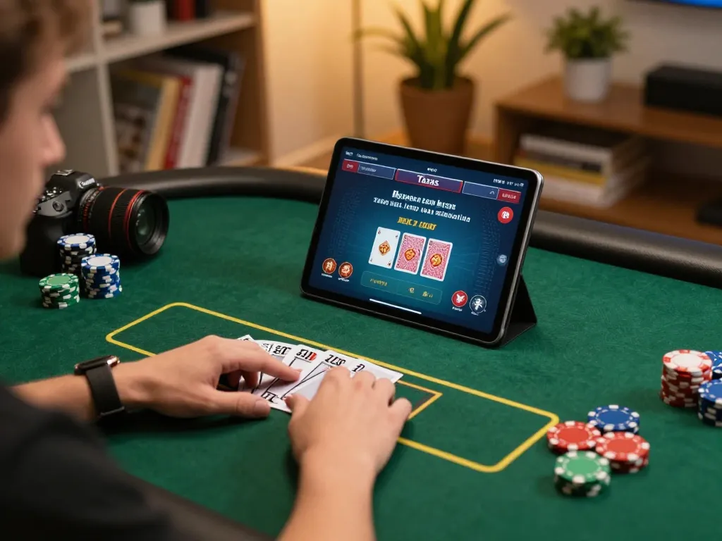 Engaging poker gameplay on cm88 com seen on tablet, showcasing a cozy home setting with strategy notes.