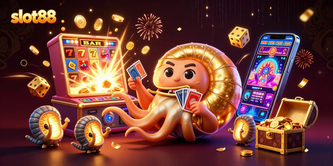 Slot88 menampilkan jackpot mengesankan dengan karakter nautilus berkepala emas dan mesin slot yang meledak dengan koin.