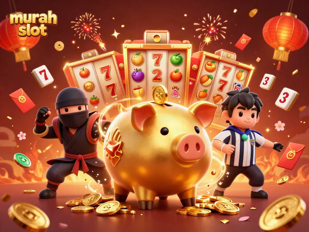 Menangkan jackpot murah slot dengan kartun 3D ilustrasi kasino yang kaya dengan koin emas dan elemen festival.