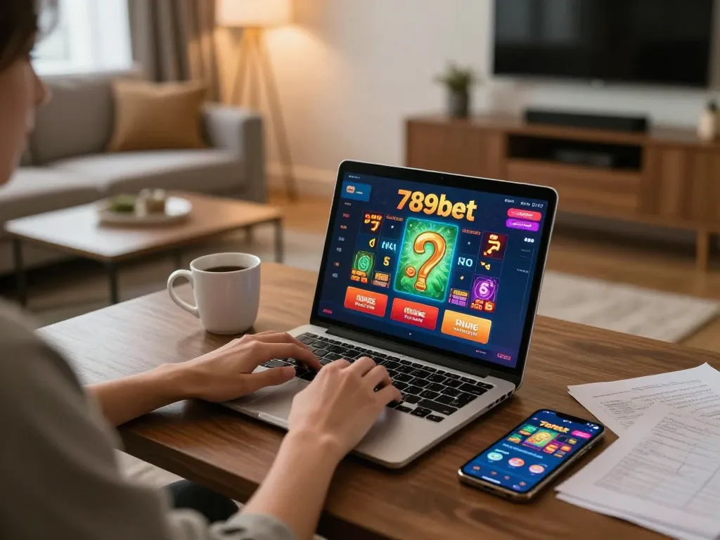 Person playing online casino games on 789bet laptop in comfortable home setting.