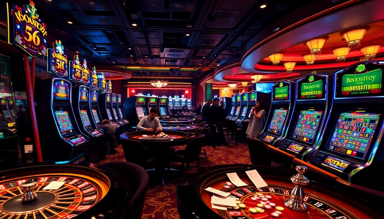Gambling enthusiasts enjoying the thrill of casino games featuring boosterjp branding on slot machines.