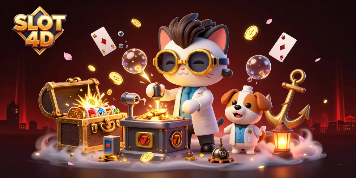 SLOT 4D action scene featuring a cartoon scientist cat and dog in a vibrant casino-themed lab, immersed in a gold coin explosion.