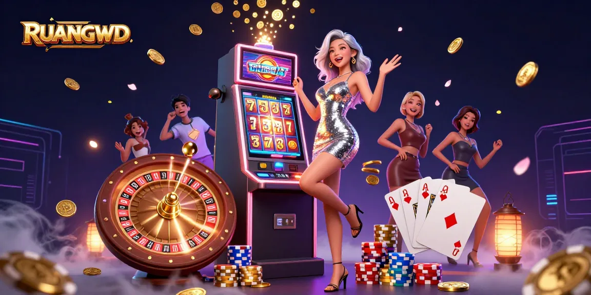RUANGWD showcases a stunning Asian woman celebrating a jackpot with vibrant casino elements.
