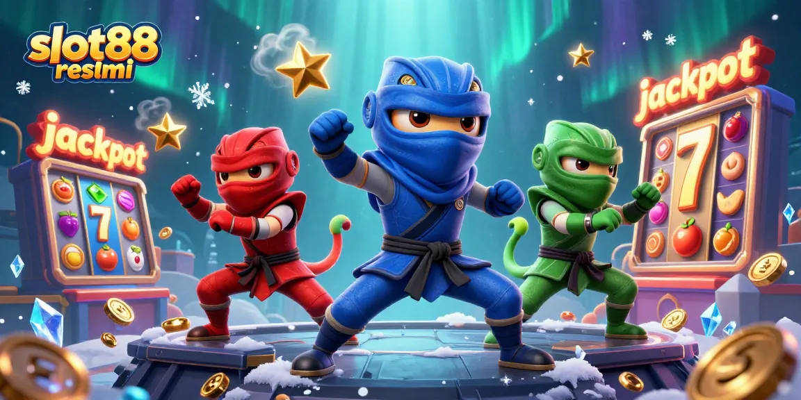 Experience the vibrant thrill of slot88 resmi with three ninja chameleons amidst slot reels and jackpots.