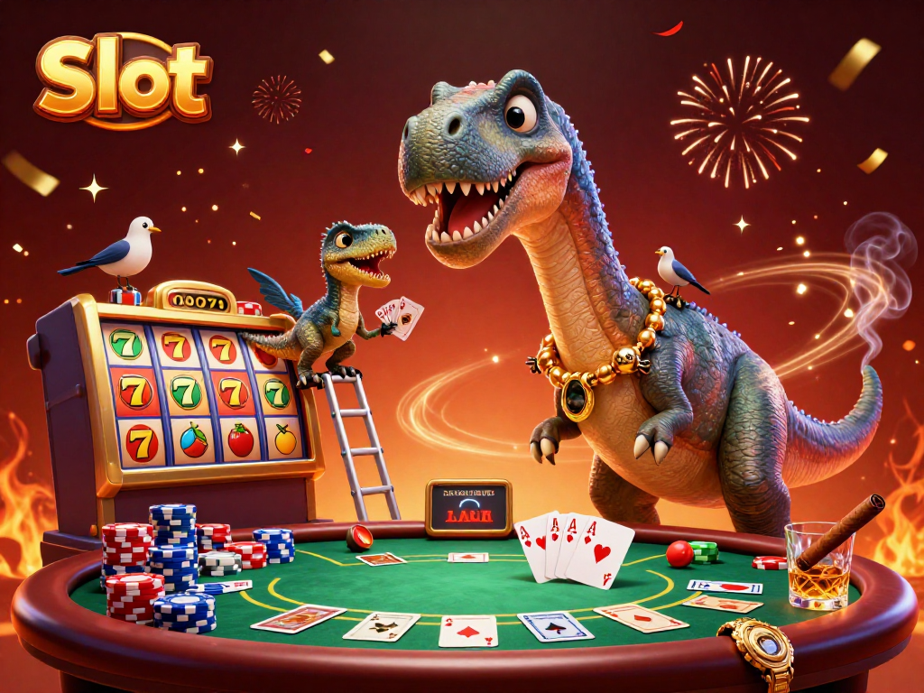 Engage in exciting Slot action with a giant dinosaur dealing cards in a vibrant casino scene.