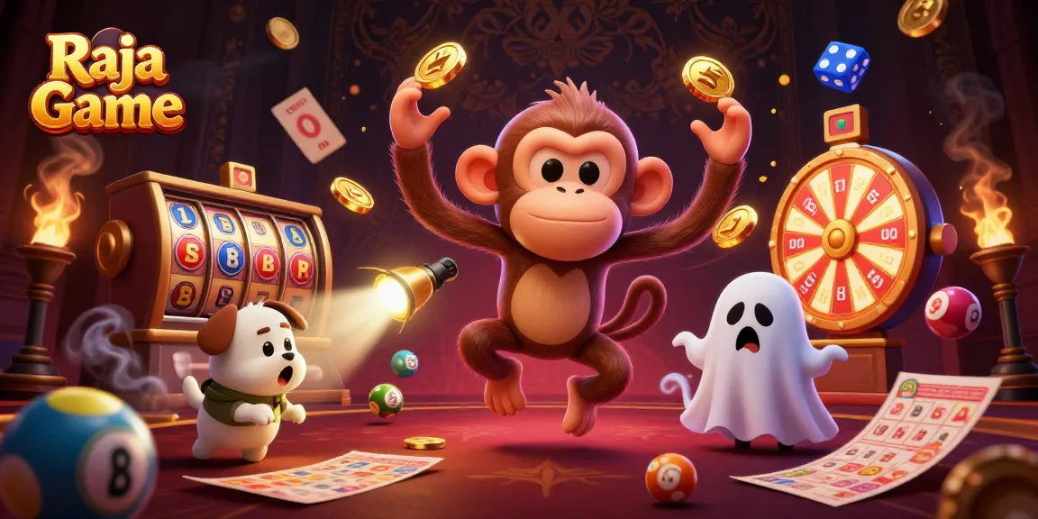 Engage with Raja Game's thrilling lottery and casino experiences, featuring a mischievous monkey and ghost-hunter puppy.